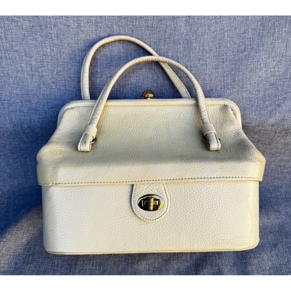 Vintage Justin Cowhide Ivory Travel Makeup Bag Train Case Handbag
